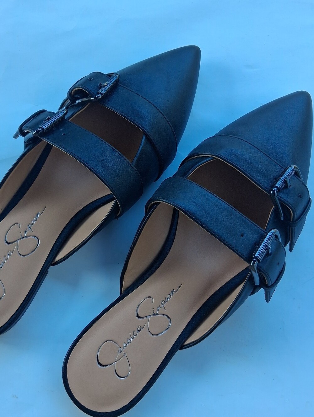 Jessica Simpson Black Pointed Mules with Double Buckle Straps